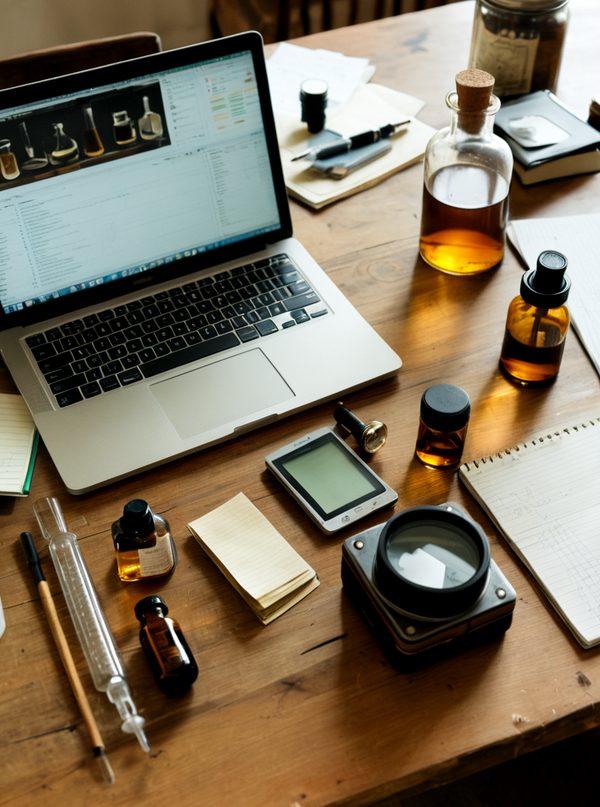 A wooden workbench seen from above: an open laptop, small bottles of fragrance materials, a graduated cylinder, a notebook and a loupe.