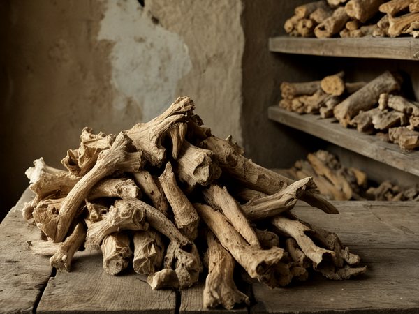 Dried iris rhizomes heaped on a wooden bench, with more of them curing on shelves behind.